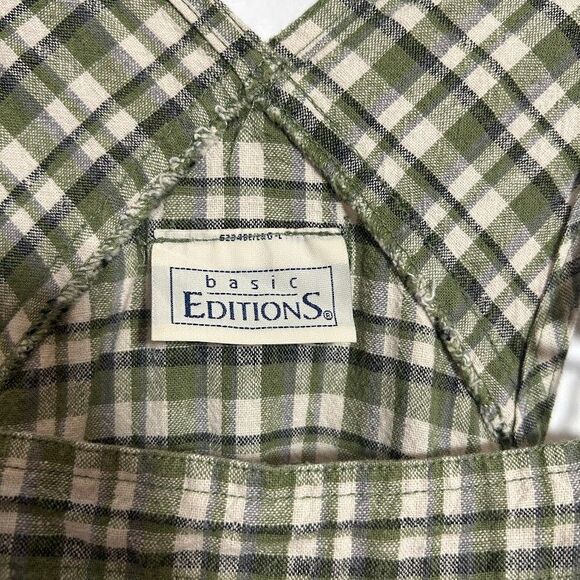 VTG 90s Plaid Linen Blend Overall Shorts Shortalls Womens M Green Granola Camp - Picture 8 of 9